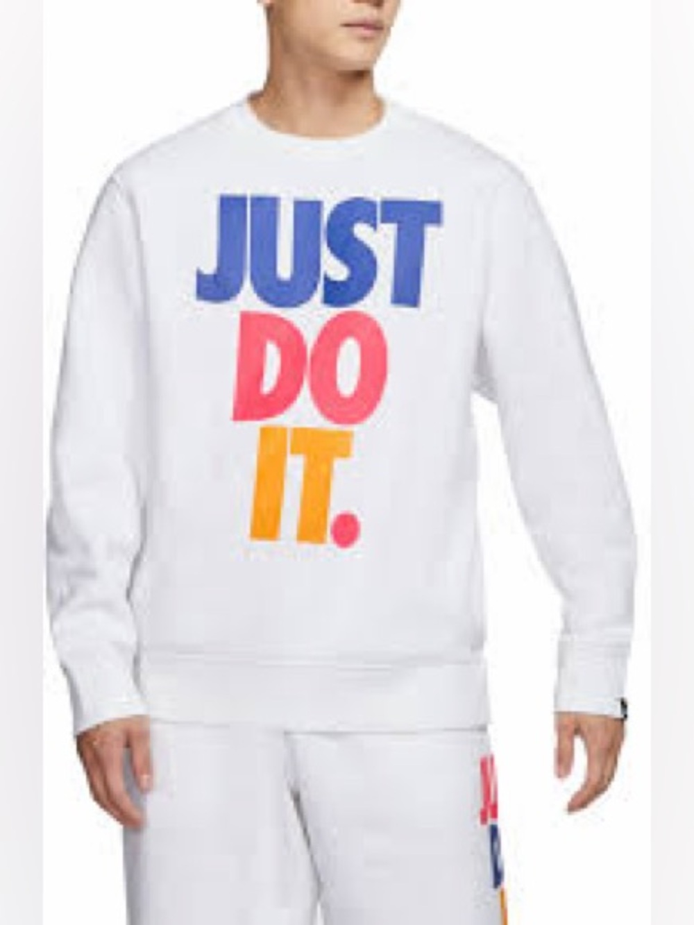 Nike Men’s White Crewneck Sweatshirt with Bold Multicolor "Just Do It" Graphic